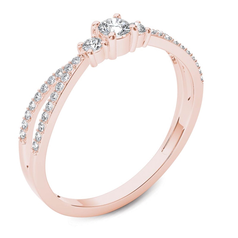 Main Image 2 of 1/4 CT. T.W. Diamond Three Stone Split Shank Engagement Ring in 14K Rose Gold