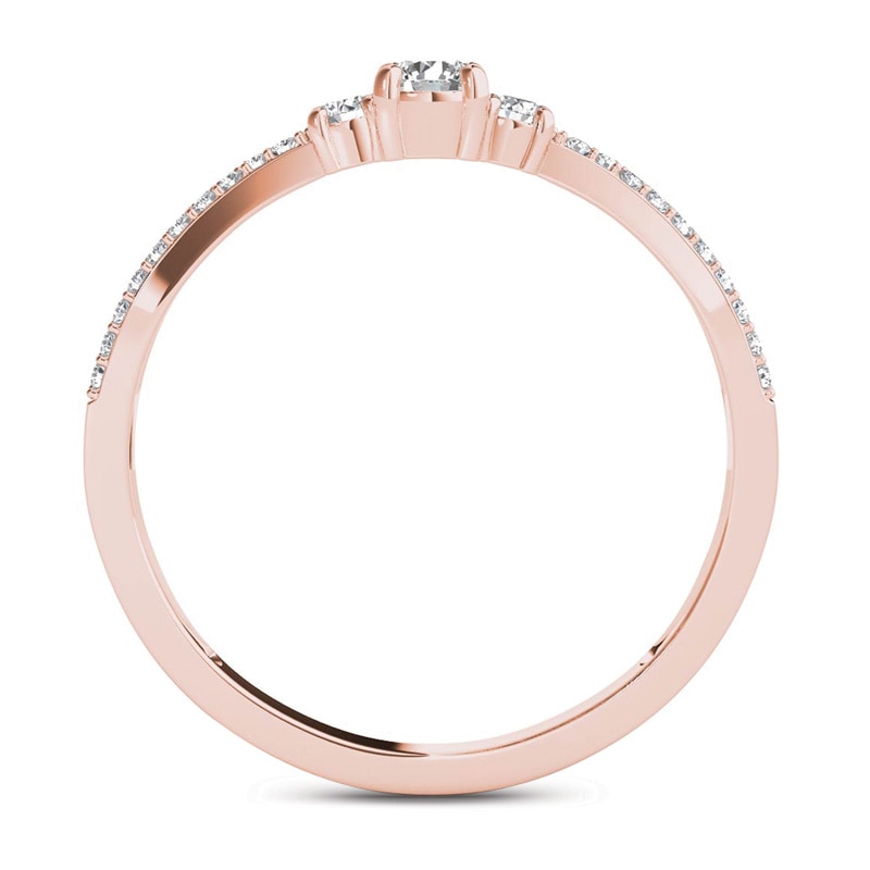 Main Image 3 of 1/4 CT. T.W. Diamond Three Stone Split Shank Engagement Ring in 14K Rose Gold