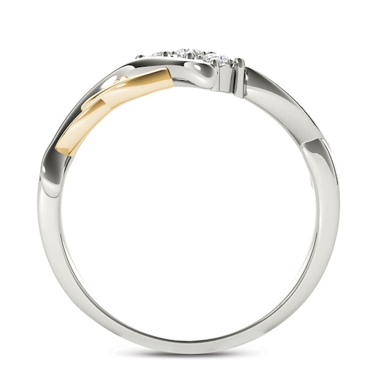 1/10 CT. T.w. Diamond Three Stone Bypass with Hearts Ring in 14K White Gold and Yellow Rhodium