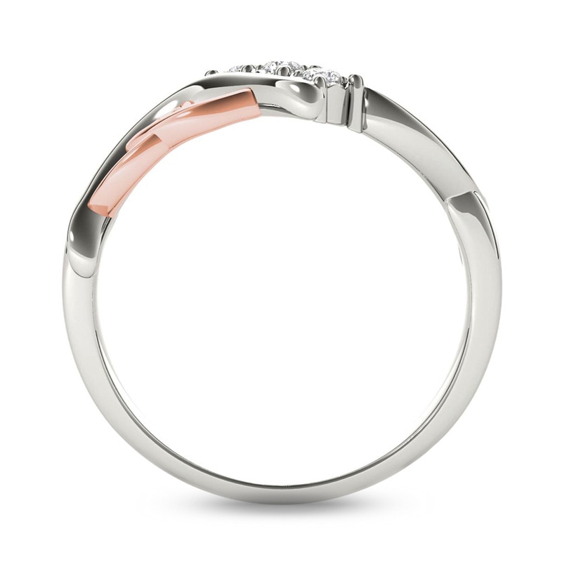 1/10 CT. T.W. Diamond Three Stone Bypass with Hearts Ring in 14K White Gold and Rose Rhodium