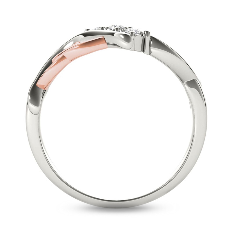 Main Image 3 of 1/10 CT. T.W. Diamond Three Stone Bypass with Hearts Ring in 14K White Gold and Rose Rhodium
