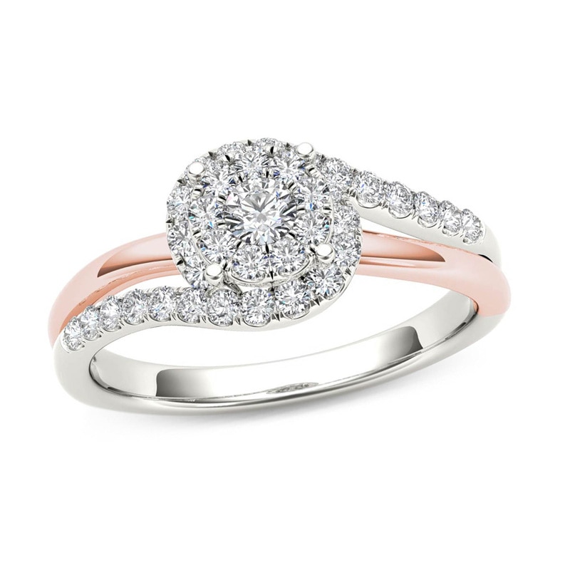 Main Image 1 of 1/2 CT. T.W. Multi-Diamond Swirl Frame Engagement Ring in 14K Two-Tone Gold