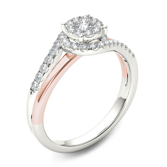 1/2 CT. T.w. Multi-Diamond Swirl Frame Engagement Ring in 14K Two-Tone Gold