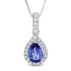 Thumbnail Image 0 of Pear-Shaped Tanzanite and 1/10 CT. T.W. Diamond Frame Drop Pendant in 10K White Gold