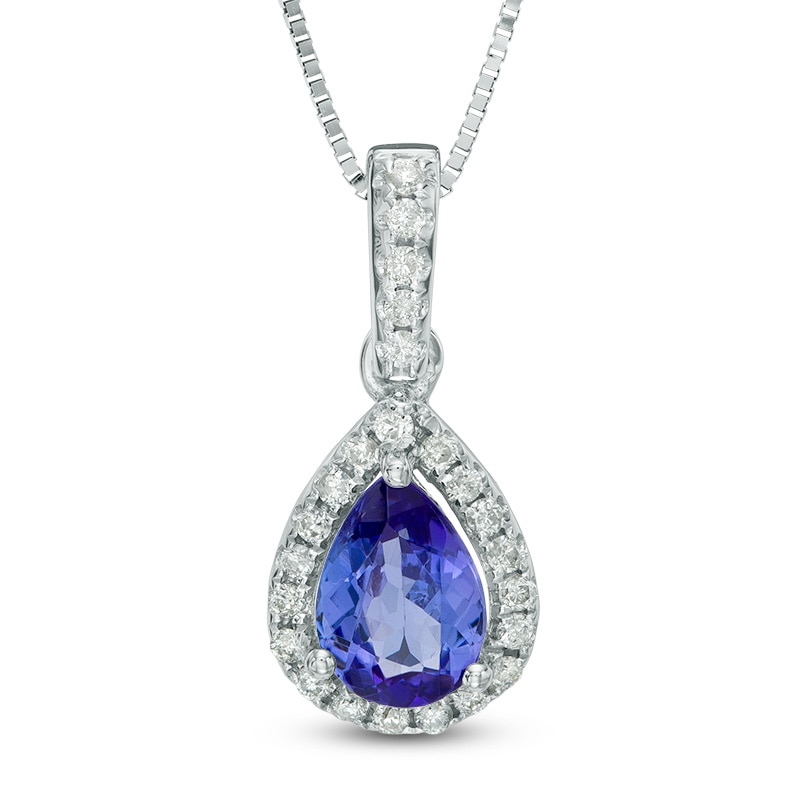 Main Image 1 of Pear-Shaped Tanzanite and 1/10 CT. T.W. Diamond Frame Drop Pendant in 10K White Gold