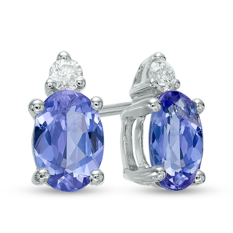 Main Image 1 of Oval Tanzanite and Diamond Accent Stud Earrings in 10K White Gold
