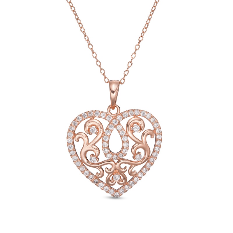 Main Image 1 of Lab-Created White Sapphire Scroll Heart Pendant in Sterling Silver with 18K Rose Gold Plate