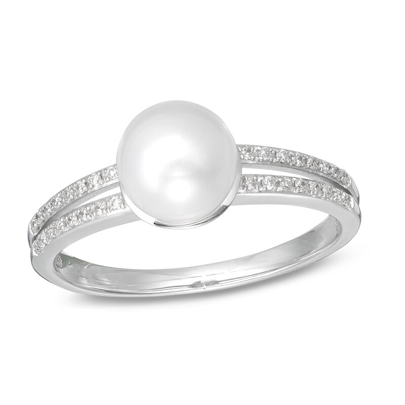 7.0 - 8.0mm Cultured Freshwater Pearl and Lab-Created White Sapphire Double Row Ring in Sterling Silver