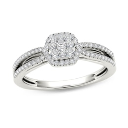 3/8 CT. T.W. Cushion-Shaped Multi-Diamond Frame Split Shank Engagement Ring in 14K White Gold
