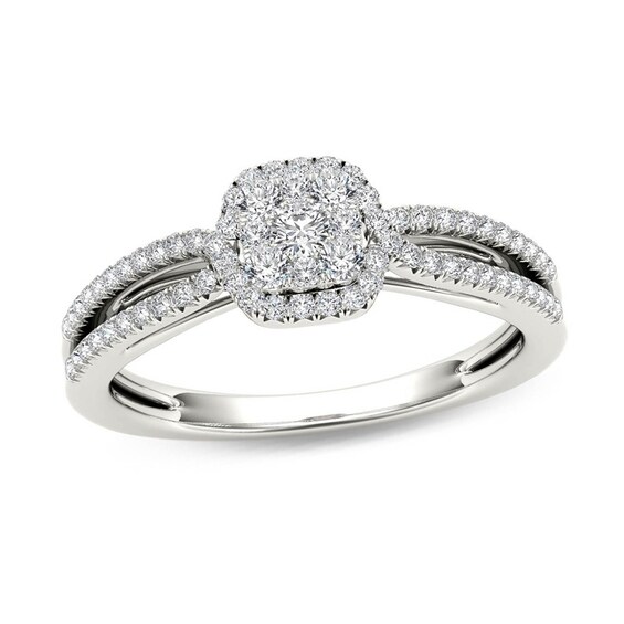 3/8 CT. T.w. Cushion-Shaped Multi-Diamond Frame Split Shank Engagement Ring in 14K White Gold