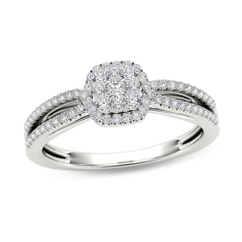 Main Image 1 of 3/8 CT. T.W. Cushion-Shaped Multi-Diamond Frame Split Shank Engagement Ring in 14K White Gold