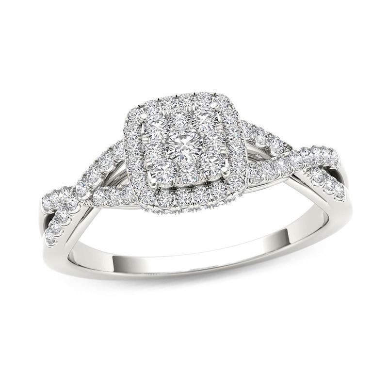Main Image 1 of 1/2 CT. T.W. Multi-Diamond Square Frame Twist Shank Engagement Ring in 14K White Gold
