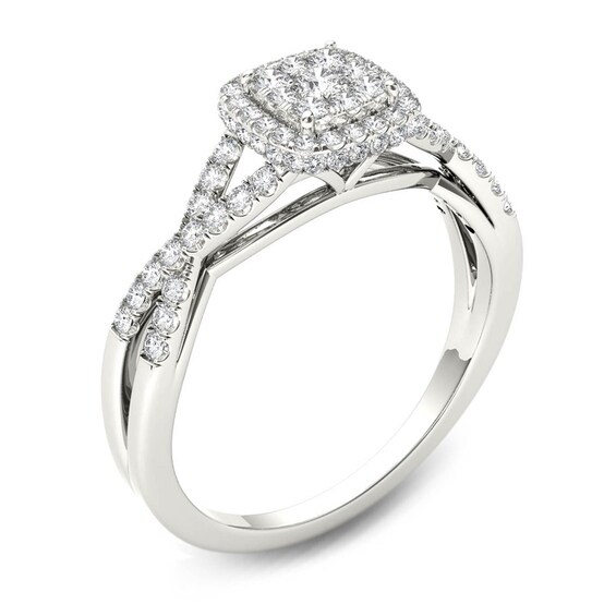 1/2 CT. T.w. Multi-Diamond Square Frame Twist Shank Engagement Ring in 14K White Gold