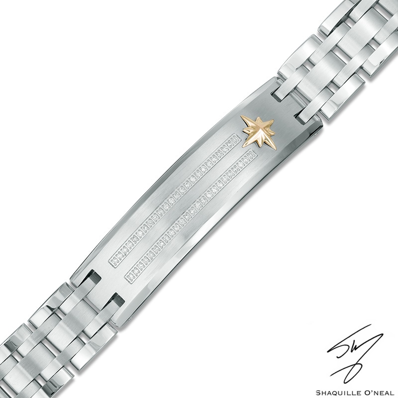 Men's 1/4 CT. T.W. Diamond Compass Star ID Bracelet in Stainless Steel and 10K Gold - 8.5"