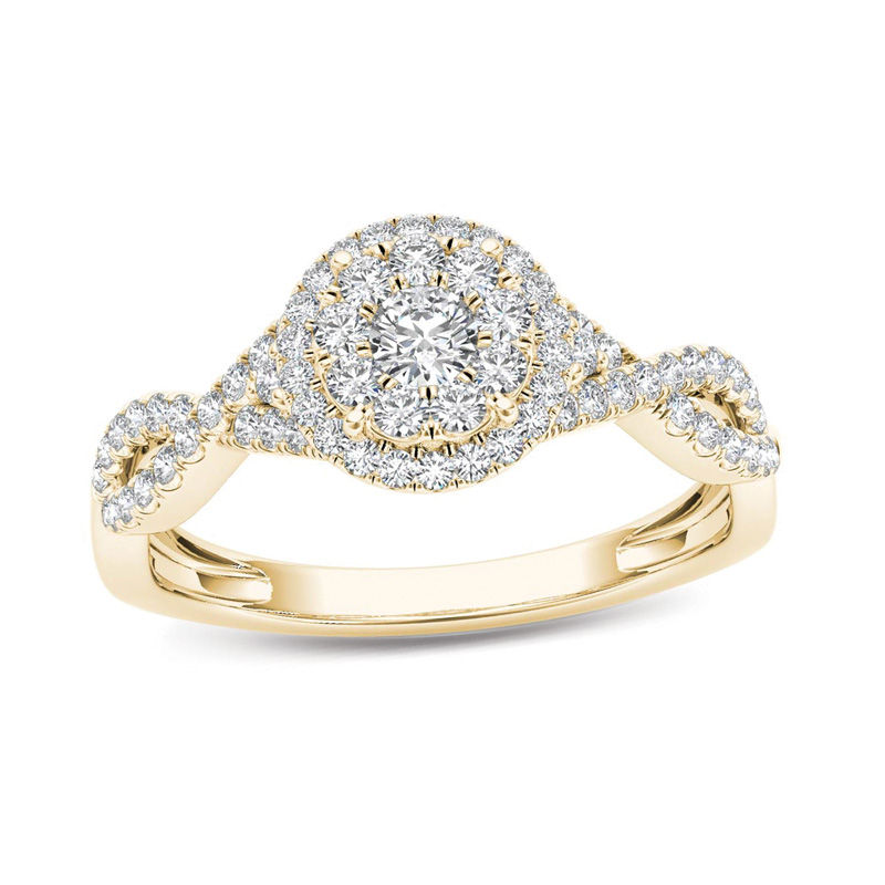 Main Image 1 of 1/2 CT. T.W. Diamond Double Frame Crossover Engagement Ring in 14K Gold