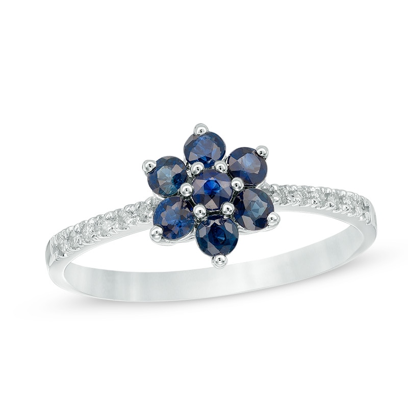 Blue Sapphire and Diamond Accent Flower Ring in 10K White Gold
