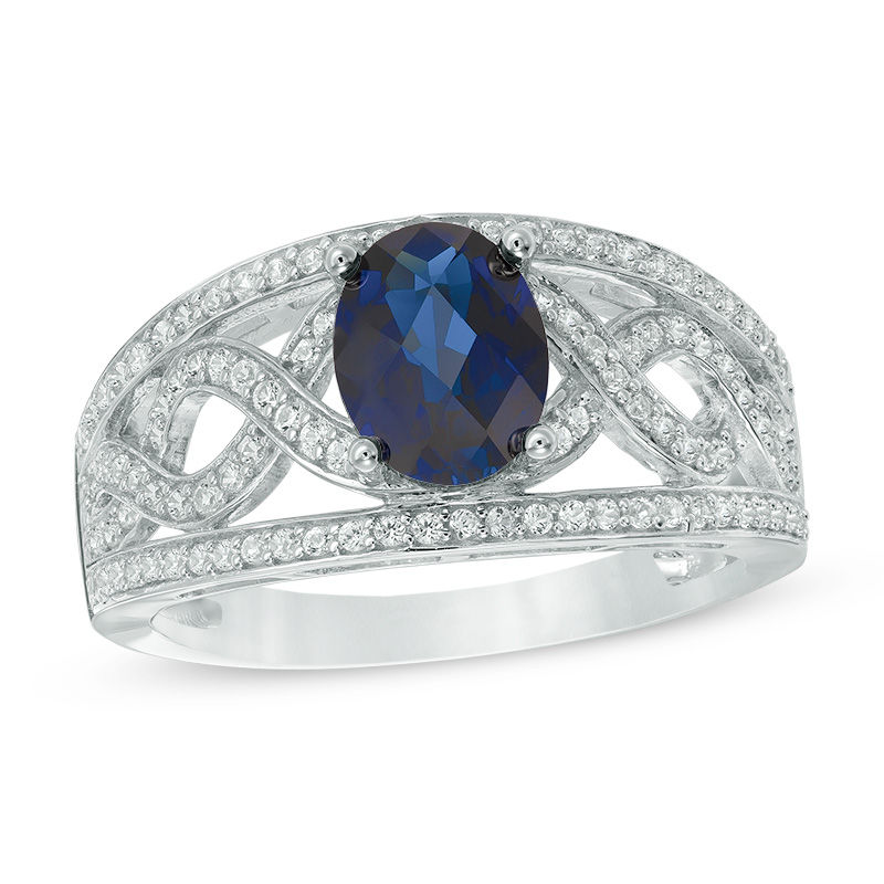 Oval Lab-Created Blue and White Sapphire Braid Ring in 10K White Gold