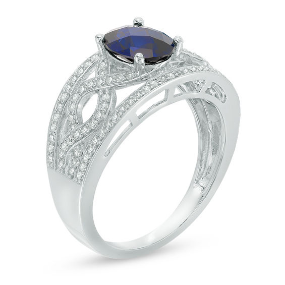 Oval Lab-Created Blue and White Sapphire Braid Ring in 10K White Gold