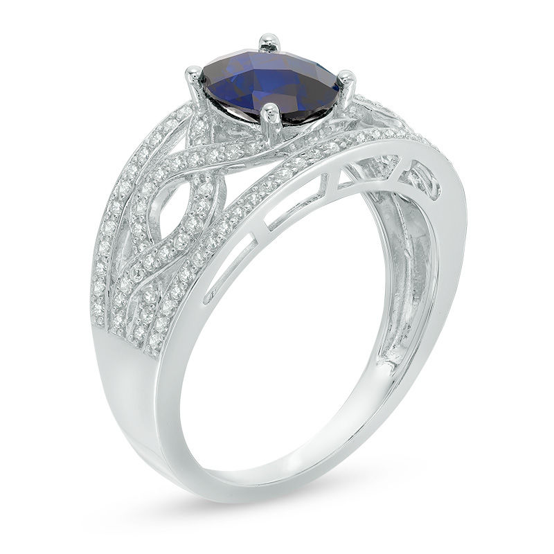 Oval Lab-Created Blue and White Sapphire Braid Ring in 10K White Gold