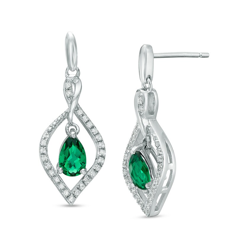 Main Image 1 of Pear-Shaped Lab-Created Emerald and White Sapphire Drop Earrings in Sterling Silver