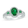 Thumbnail Image 1 of Oval Lab-Created Emerald and White Sapphire Frame Three Stone Ring in Sterling Silver