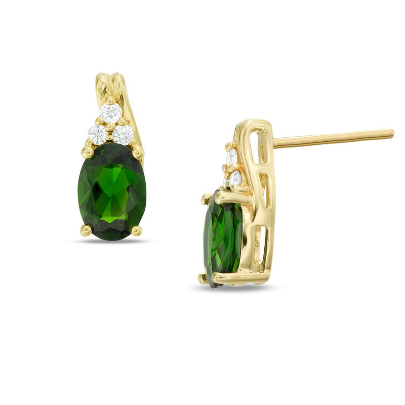 Main Image 1 of Oval Chrome Diopside and Diamond Accent Drop Earrings in 10K Gold