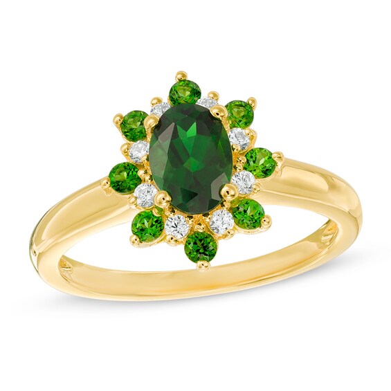 Chrome Diopside and 1/8 CT. T.w. Diamond Flower Frame Ring in 10K Gold