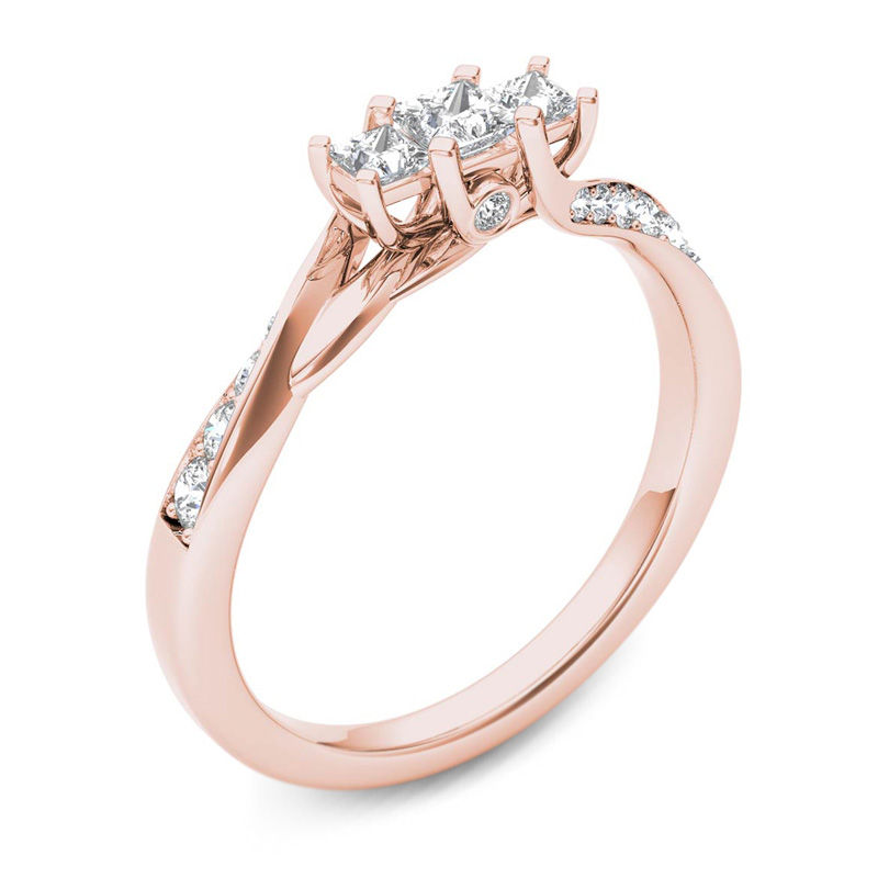 Main Image 2 of 1/2 CT. T.W. Princess-Cut Diamond Three Stone Twist Shank Ring in 14K Rose Gold