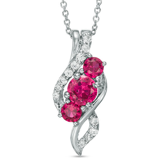 Lab-Created Ruby and White Sapphire Three Stone Swirl Pendant in Sterling Silver