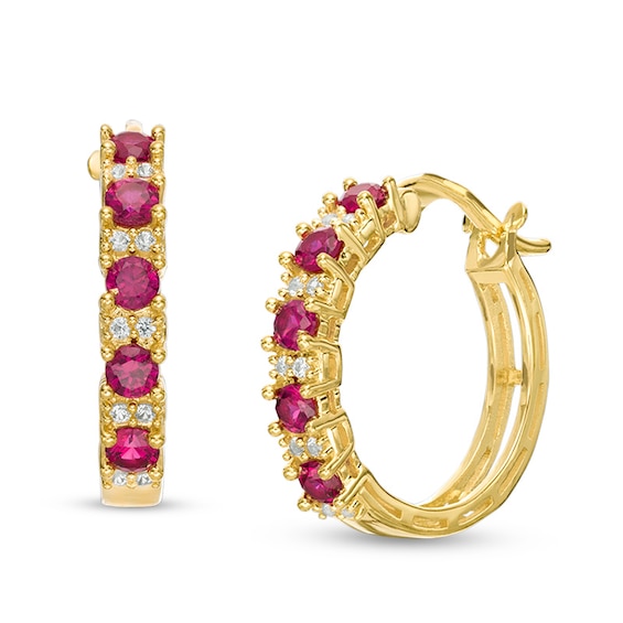 Lab-Created Ruby and White Sapphire Hoop Earrings in Sterling Silver and 14K Gold Plate