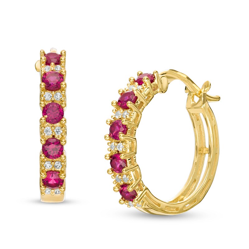 Main Image 1 of Lab-Created Ruby and White Sapphire Hoop Earrings in Sterling Silver and 14K Gold Plate