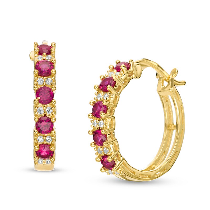 Lab-Created Ruby and White Sapphire Hoop Earrings in Sterling Silver and 14K Gold Plate