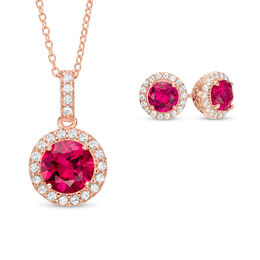 Lab Created Ruby and White Sapphire Frame Pendant and Earrings Set in Sterling Silver with 18K Rose Gold Plate Zales