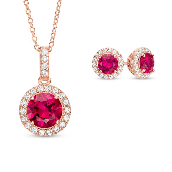 Lab-Created Ruby and White Sapphire Frame Pendant and Earrings Set in Sterling Silver with 18K Rose Gold Plate