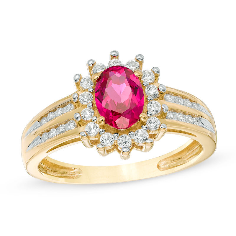 Main Image 1 of Oval Lab-Created Ruby and White Sapphire Starburst Sunburst Frame Ring in 10K Gold