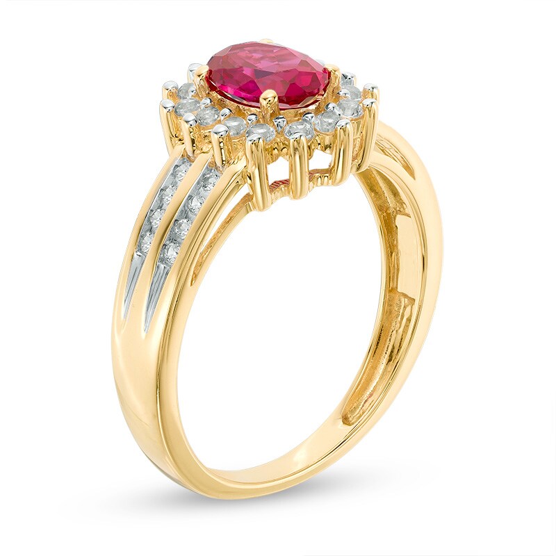 Main Image 2 of Oval Lab-Created Ruby and White Sapphire Starburst Sunburst Frame Ring in 10K Gold