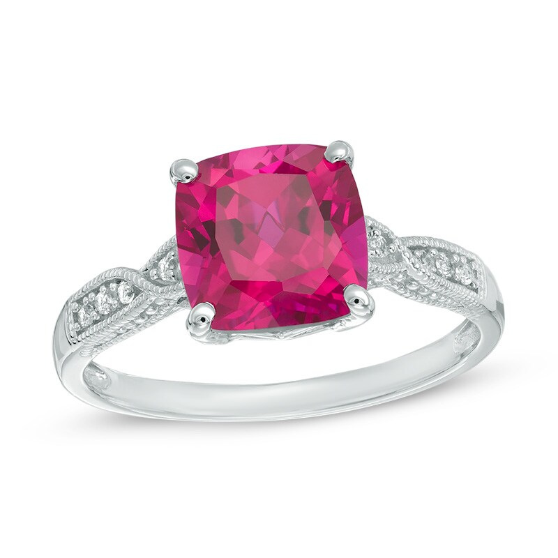 8.0mm Cushion-Cut Lab-Created Ruby and White Sapphire Vintage-Style Ring in Sterling Silver