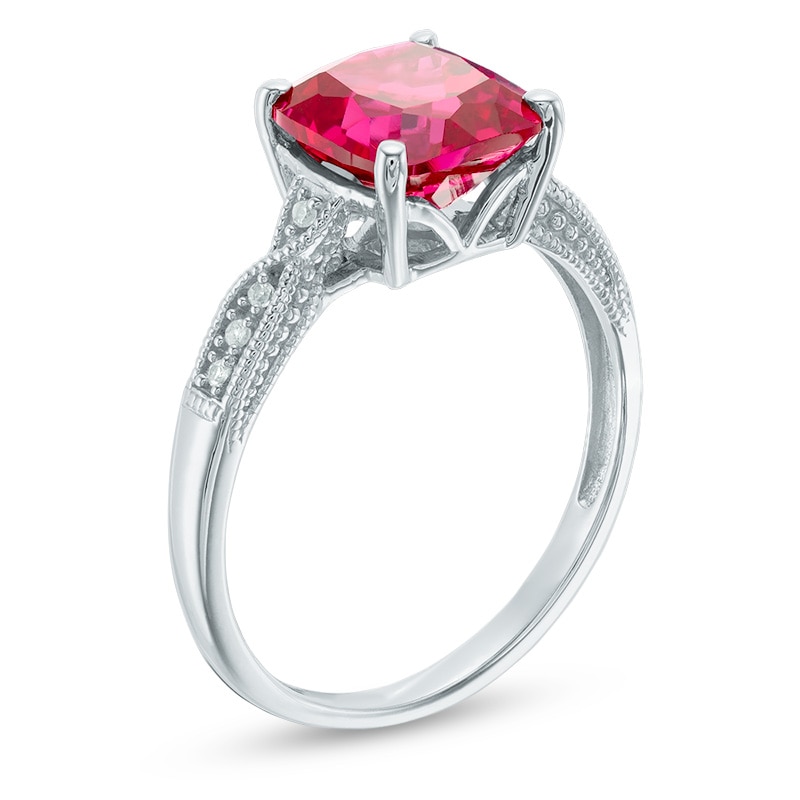 8.0mm Cushion-Cut Lab-Created Ruby and White Sapphire Vintage-Style Ring in Sterling Silver