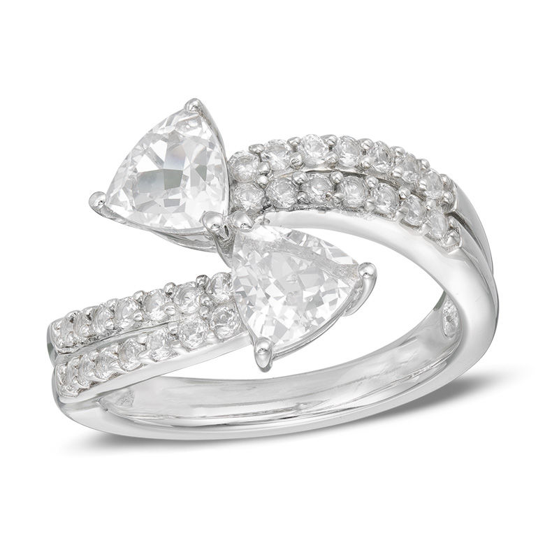 Main Image 1 of 6.0mm Trillion-Cut Lab-Created White Sapphire Double Row Wrap Ring in Sterling Silver