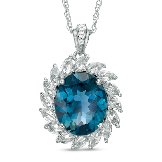 Oval London Blue and White Topaz Flower Pendant in Sterling Silver