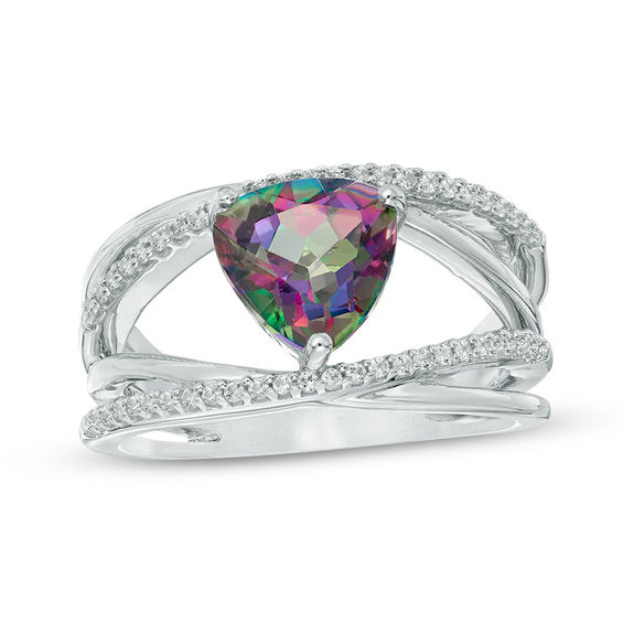 8.0mm Trillion-Cut Mystic FireÂ® Topaz and Lab-Created White Sapphire Orbit Ring in Sterling Silver