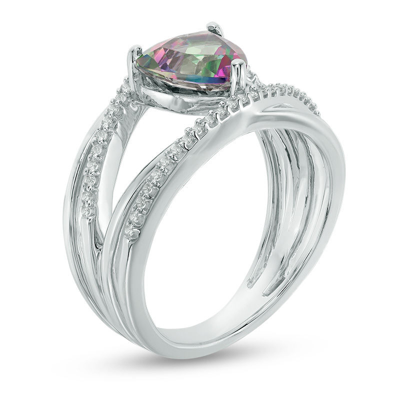 Main Image 2 of 8.0mm Trillion-Cut Mystic Fire® Topaz and Lab-Created White Sapphire Orbit Ring in Sterling Silver