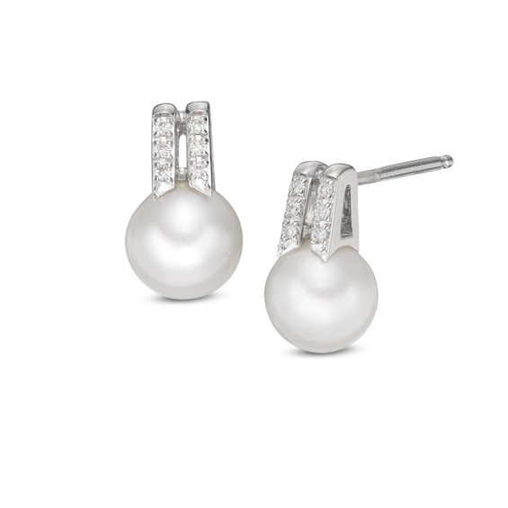 6.0-7.0mm Freshwater Cultured Pearl and Lab-Created White Sapphire Double Row Drop Earrings in Sterling Silver