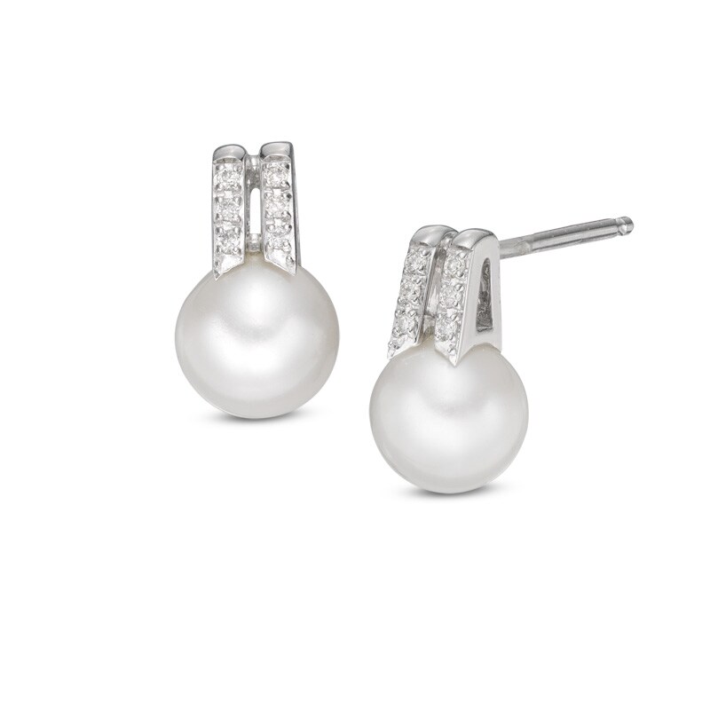 Main Image 1 of 6.0-7.0mm Freshwater Cultured Pearl and Lab-Created White Sapphire Double Row Drop Earrings in Sterling Silver