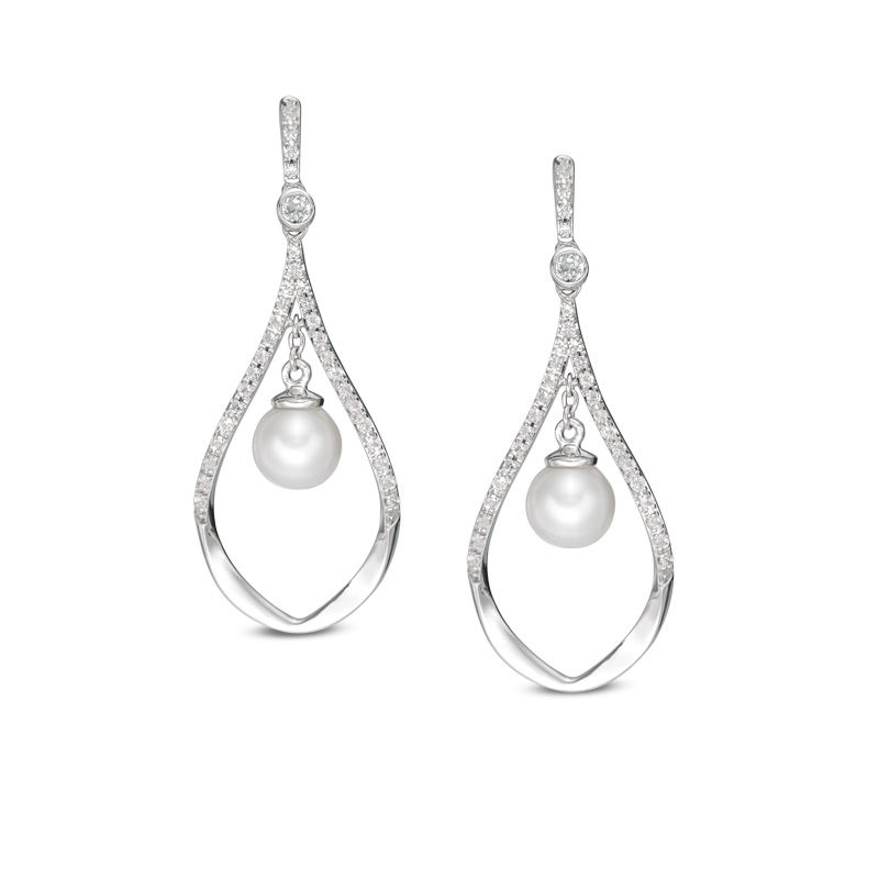 5.0 - 6.0mm Cultured Freshwater Pearl and White Topaz Teardrop Earrings in Sterling Silver