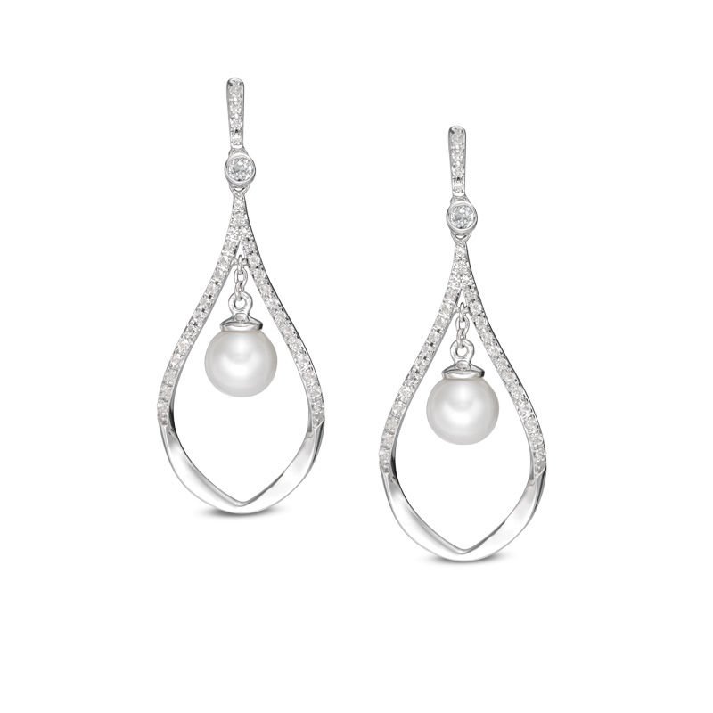 Main Image 1 of 5.0-6.0mm Freshwater Cultured Pearl and White Topaz Teardrop Earrings in Sterling Silver
