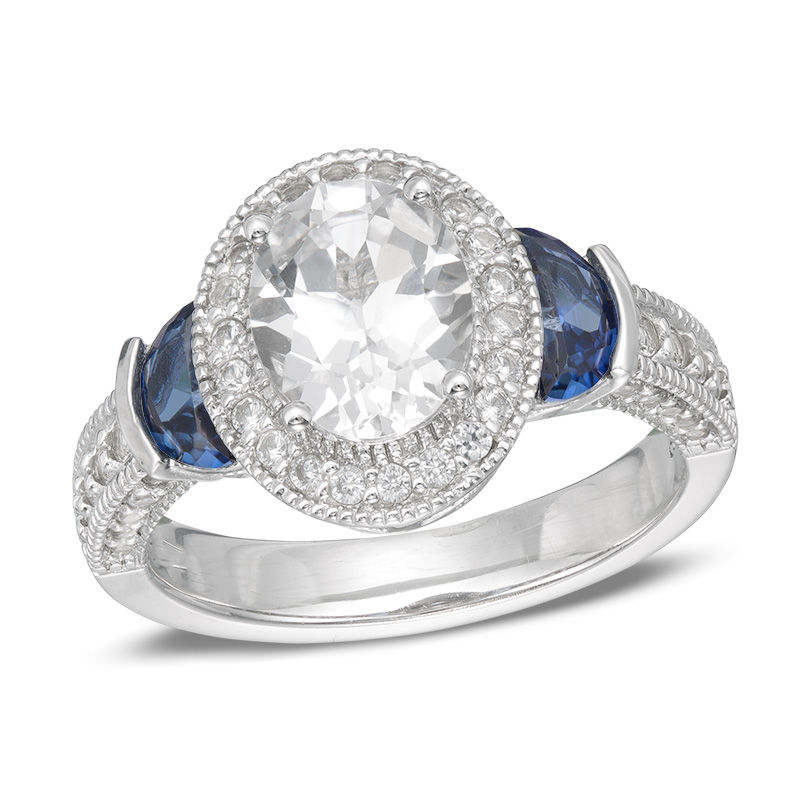 Main Image 1 of Oval Lab-Created White and Blue Sapphire Frame Vintage-Style Ring in Sterling Silver