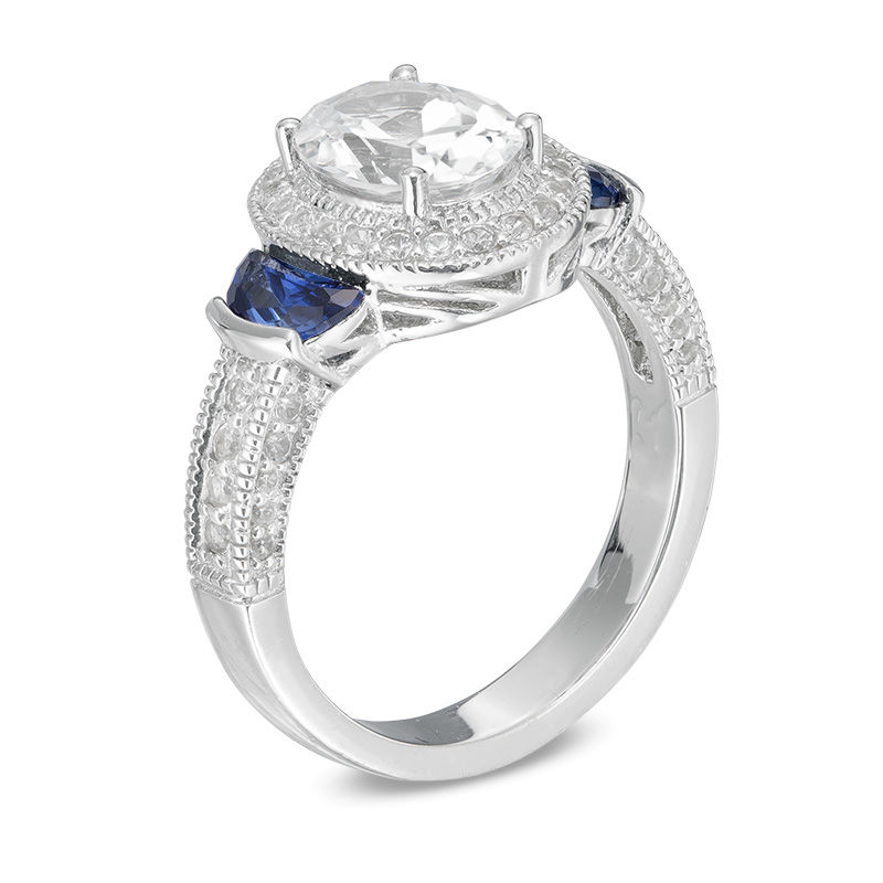 Main Image 2 of Oval Lab-Created White and Blue Sapphire Frame Vintage-Style Ring in Sterling Silver