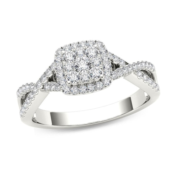 3/8 CT. T.W. Composite Diamond Square Frame Crossover Engagement Ring in 14K White Gold 3/8 CT. T.W. Composite Diamond Square Frame Crossover Engagement Ring in 14K White Gold