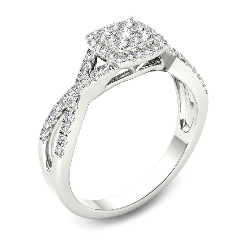 3/8 CT. T.W. Composite Diamond Square Frame Crossover Engagement Ring in 14K White Gold